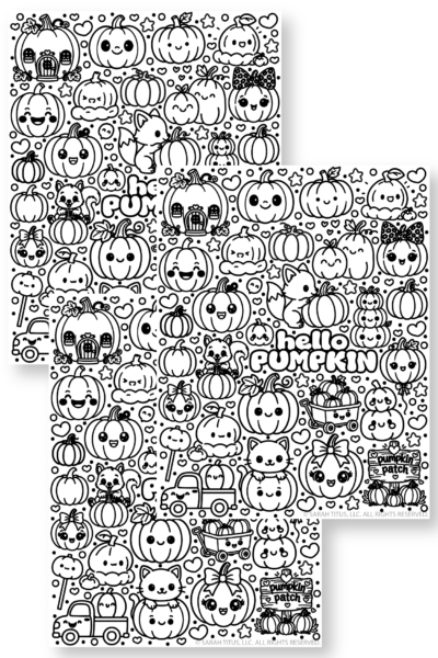 Free printable Hello Pumpkin coloring page for kids featuring cute kawaii pumpkins, smiling pumpkin faces, woodland animals, hearts, and autumn decorations. Easy fall coloring activity with an adorable pumpkin patch theme.