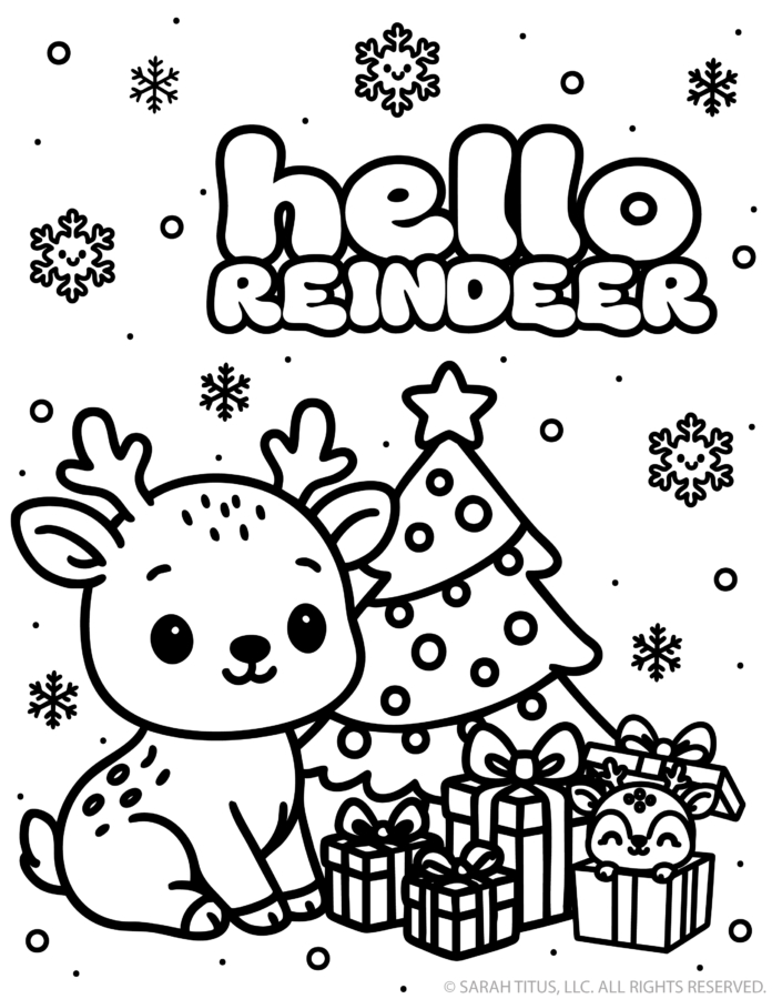 Cute baby reindeer sitting in front of a decorated Christmas tree surrounded by wrapped presents, smiling snowflakes, and a playful fawn peeking out of a gift box.