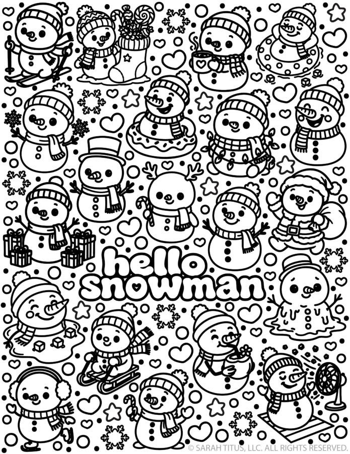 Free printable Hello Snowman coloring page with 20 cute kawaii snowmen skiing, sledding, ice skating, drinking hot cocoa, wearing winter scarves, and surrounded by snowflakes, hearts, and stars.