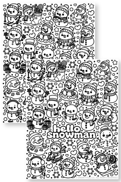 Free printable snowman coloring page PDF with adorable kawaii winter snowmen, cute hats, scarves, Christmas gifts, snowflakes, and Hello Snowman bubble lettering.