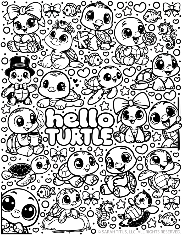 Free printable Hello Turtle coloring page with adorable kawaii turtles wearing bows and a top hat, holding a lollipop and warm drink, swimming and playing among cute fish, seahorses, hearts, stars, bubbles, bows, and large Hello Turtle bubble letters.