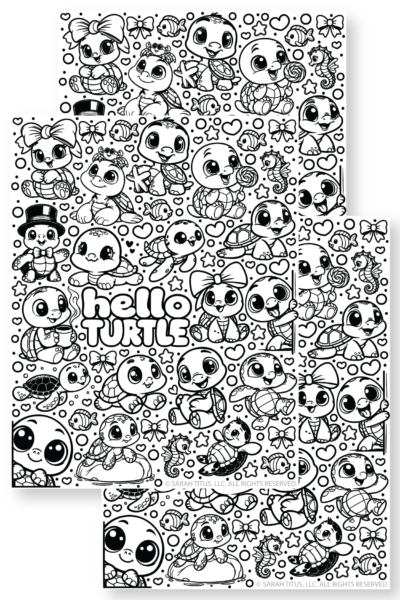 Featured image for a free Hello Turtle coloring page showing stacked printable sheets filled with cute kawaii turtles, fish, seahorses, bows, bubbles, hearts, stars, playful ocean doodles, and Hello Turtle lettering.