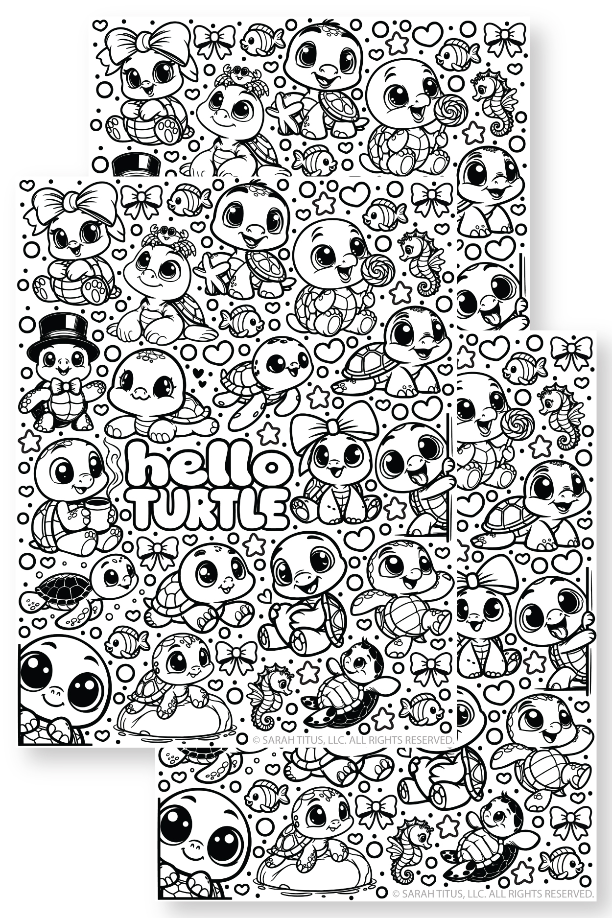 Featured image for a free Hello Turtle coloring page showing stacked printable sheets filled with cute kawaii turtles, fish, seahorses, bows, bubbles, hearts, stars, playful ocean doodles, and Hello Turtle lettering.