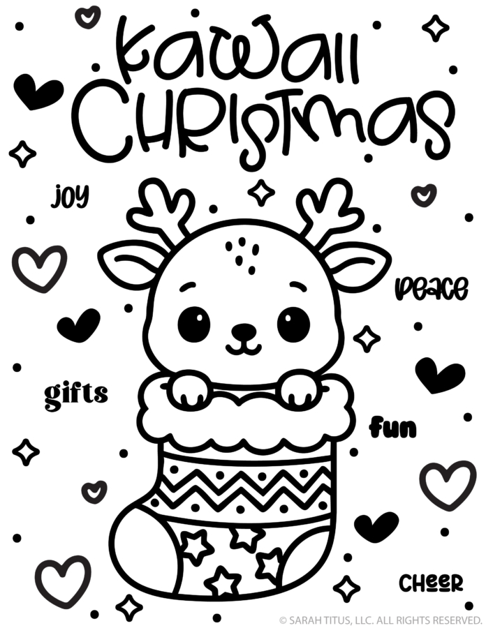 Smiling baby reindeer tucked inside a patterned holiday stocking with snowflakes, floating hearts, and festive words like joy, peace, and cheer.