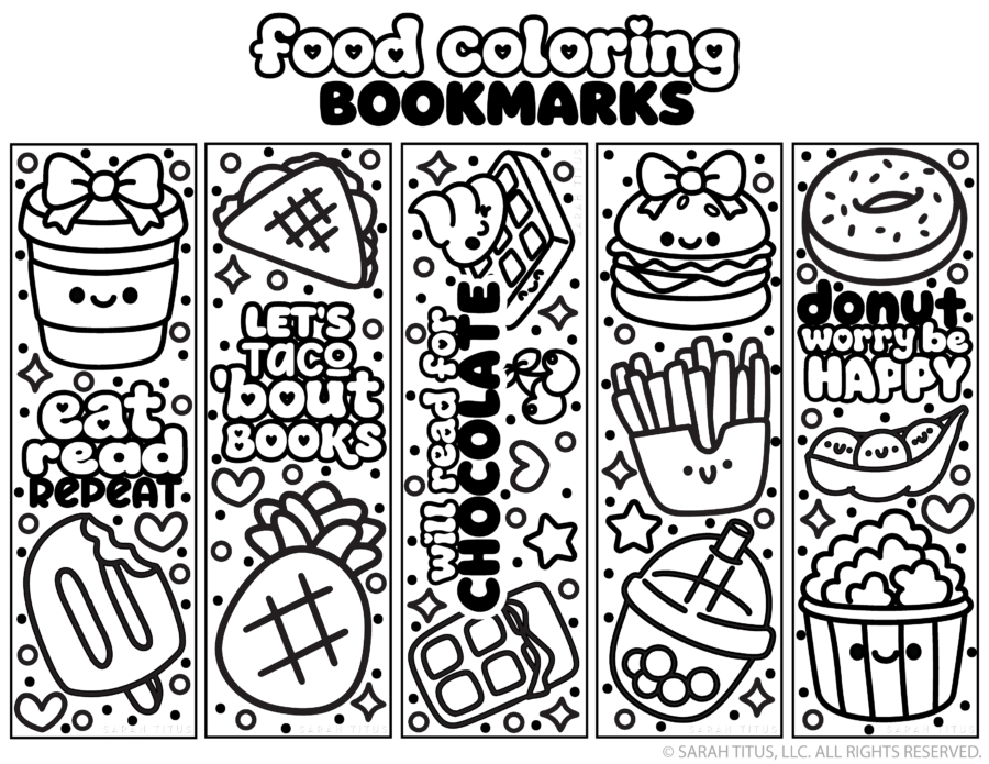 Five printable black and white kawaii food coloring bookmarks featuring cute doodles of a coffee cup, popsicle, taco, pineapple, waffle, chocolate bar, cheeseburger, French fries, boba tea, donut, peas in a pod, and popcorn with reading puns like Eat Read Repeat, Let's Taco 'Bout Books, Will Read for Chocolate, and Donut Worry Be Happy.