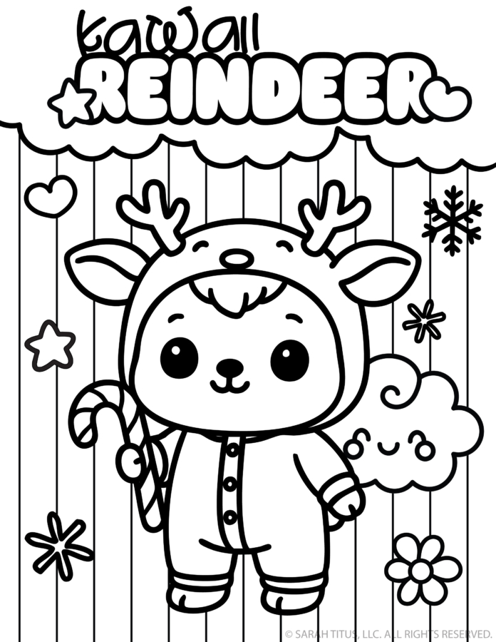 Charming fawn dressed in a hooded reindeer onesie holding a candy cane beneath a cloud banner and snowflake raindrops.