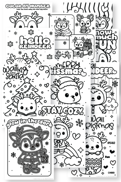Kawaii reindeer coloring pages with cute Christmas reindeer, winter scenes, presents, Santa hats, and festive sayings