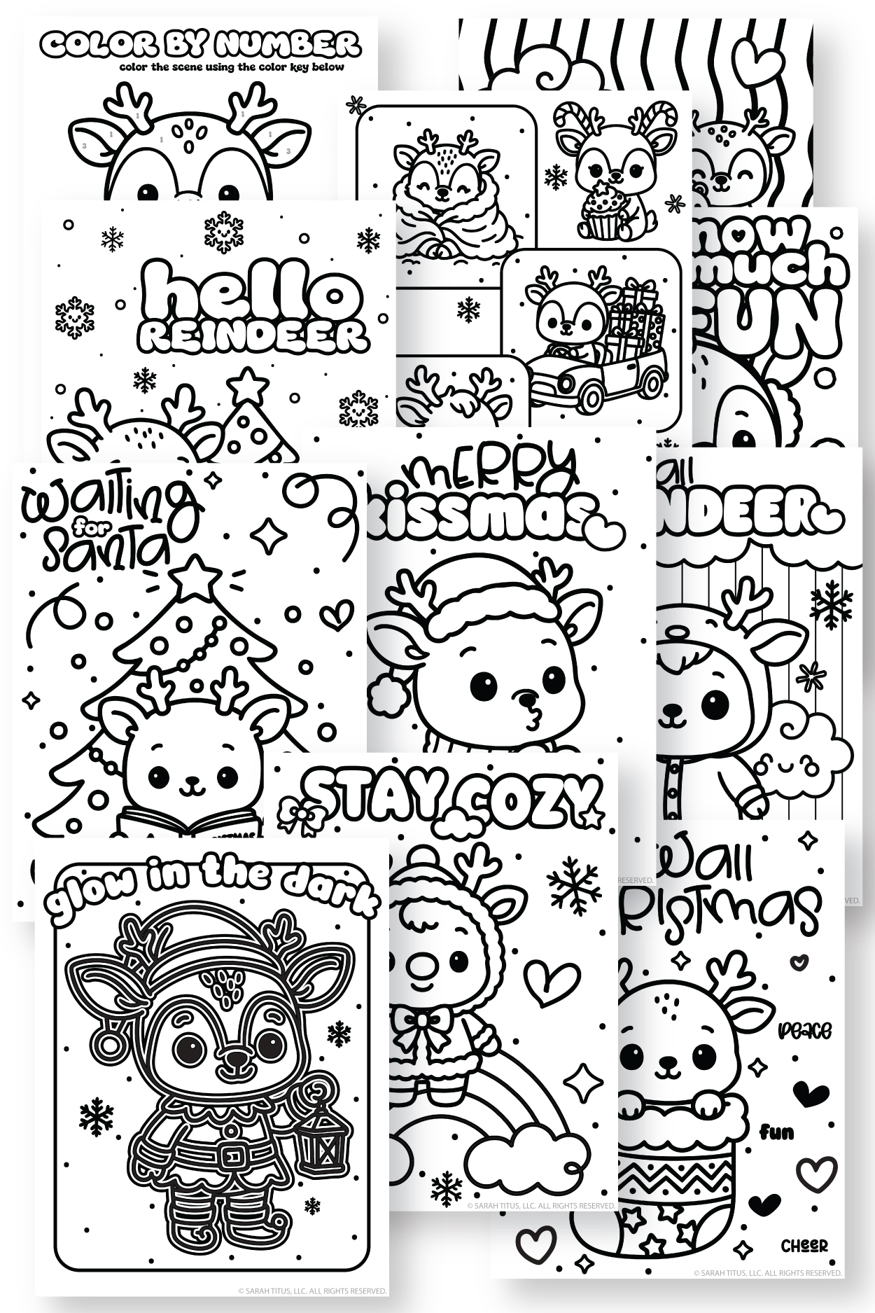 Kawaii reindeer coloring pages with cute Christmas reindeer, winter scenes, presents, Santa hats, and festive sayings