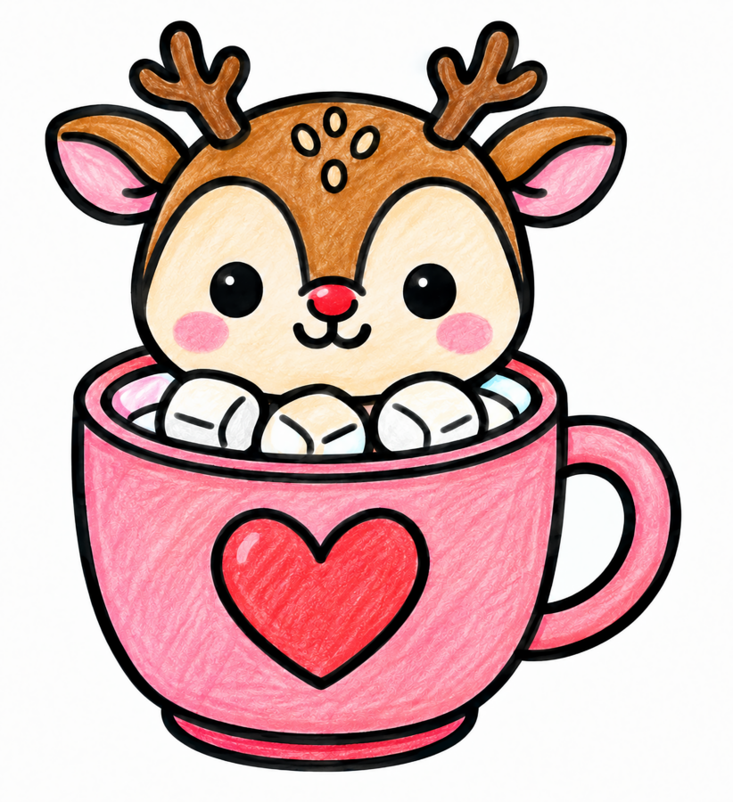 Kawaii reindeer sitting in a pink hot cocoa mug with marshmallows, a red heart, rosy cheeks, brown antlers, and cute Christmas coloring details