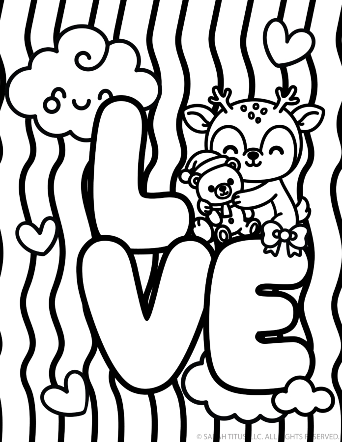 Sweet fawn hugging a teddy bear stuffie seated on giant letters spelling LOVE with wavy striped backdrop lines.