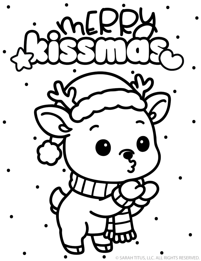 Sweet winter reindeer wearing a cozy striped scarf and Santa hat blowing a heart-shaped kiss into the falling snow.