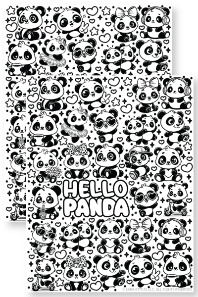 Stacked printable Hello Panda coloring page mockup featuring adorable black-and-white kawaii panda coloring sheets with pandas wearing bows, headphones, sunglasses and hats, riding scooters, hugging, holding hearts and drinks, surrounded by playful hearts, stars and sparkles.