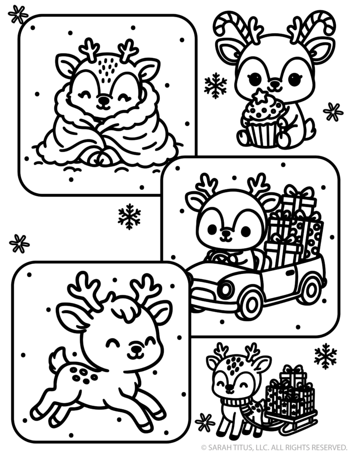 Four scrapbook photo frames showing a reindeer wrapped in a cozy blanket, eating a cupcake, driving a present-filled car, and prancing in the snow.