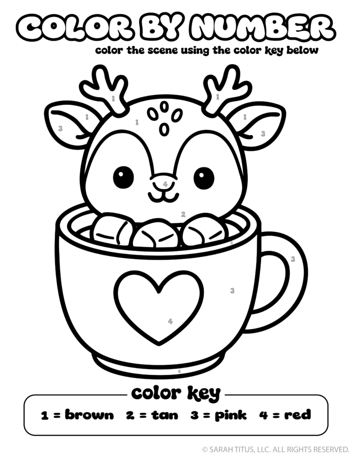 Adorable reindeer relaxing inside a heart-embossed mug topped with marshmallows, featuring an easy color key at the bottom.