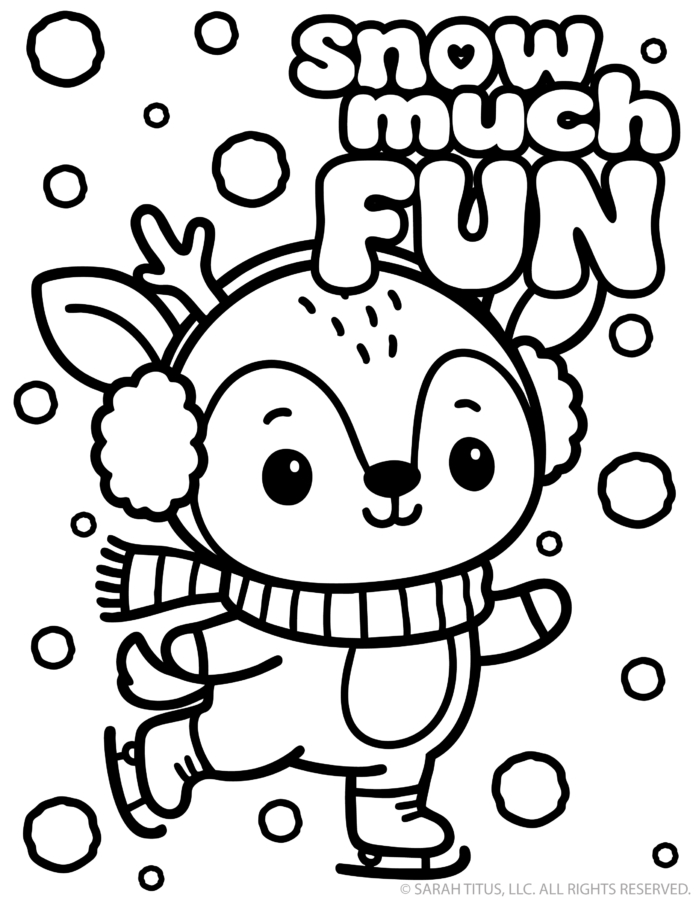 Snow Much Fun reindeer coloring page with a cute reindeer ice skating in earmuffs and a scarf