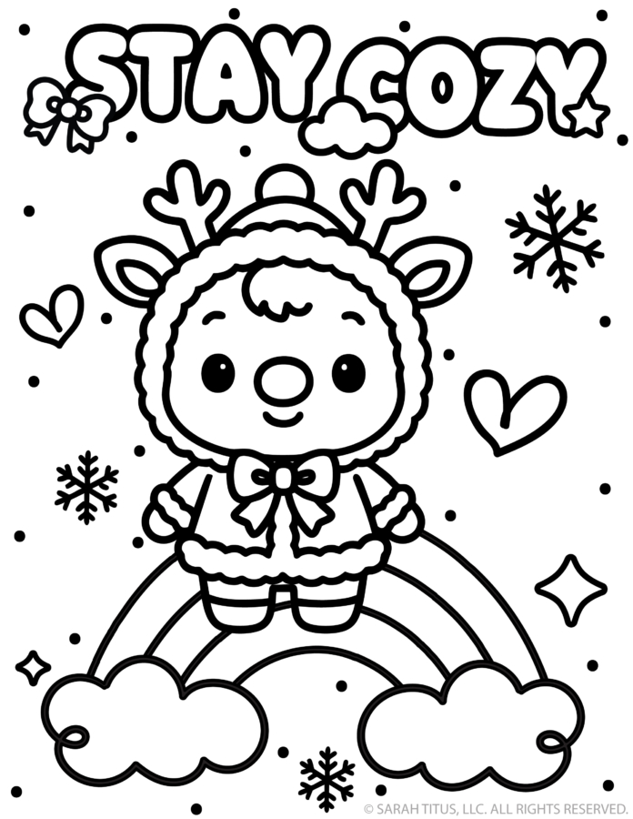Baby reindeer dressed in a warm hooded winter coat with a bow, standing atop a rainbow between two smiling puffy clouds.