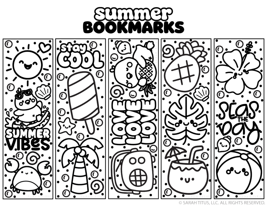 Free printable summer coloring bookmarks with cute kawaii sunshine, popsicles, pineapples, tropical flowers, beach balls, and fun summer sayings.