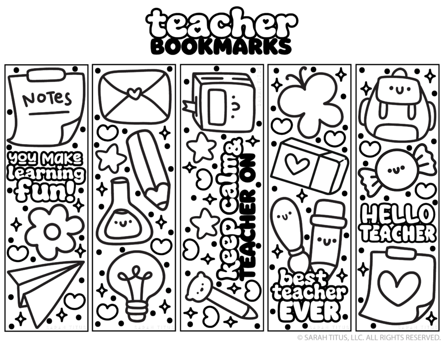 Five printable black and white teacher coloring bookmarks featuring cute school doodles of a notepad, flower, paper airplane, envelope, pencil, science beaker, lightbulb, book, butterfly, eraser, paintbrush, backpack, and candy with phrases like You Make Learning Fun, Keep Calm and Teacher On, Best Teacher Ever, and Hello Teacher.