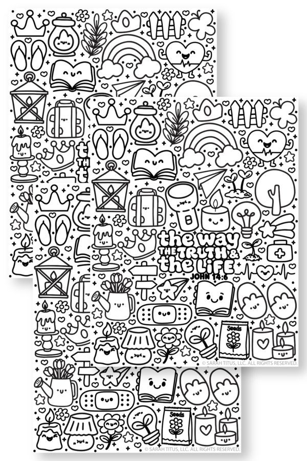 Black and white printable John 14:6 The Way The Truth and The Life Bible verse coloring sheet featuring cute doodle illustrations of a rainbow, lantern, lightbulb, and open book.