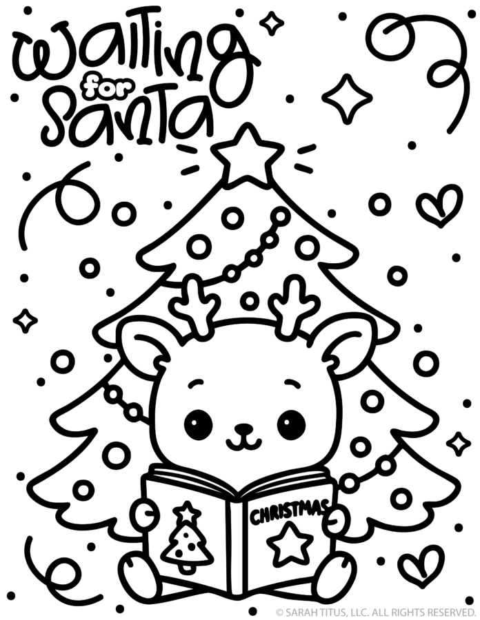 Baby reindeer sitting under a lit Christmas tree reading an open holiday storybook surrounded by confetti and hearts.
