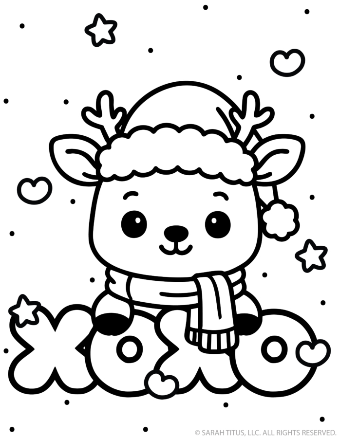 Cheerful reindeer in a winter hat and scarf resting above bold XOXO letters accented by stars and floating hearts.
